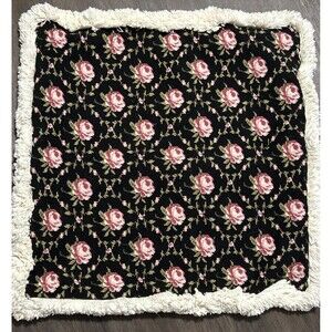 Needlepoint Pillow 24"x24" Black w/Pink Roses Black Handmade Sage Cottage Core